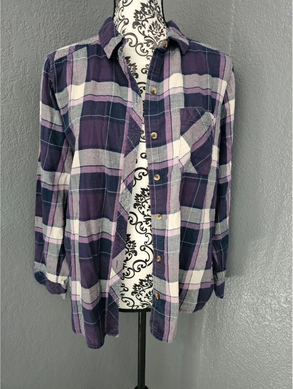Women's Sonoma Button Up Shirt Check Plaid Size Petite Large Purple Long Sleeve